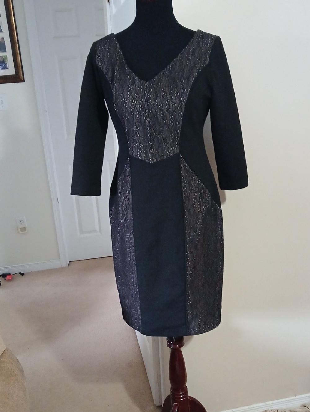 Max & Cleo Black Dress with Black Overlay-Textured Panels